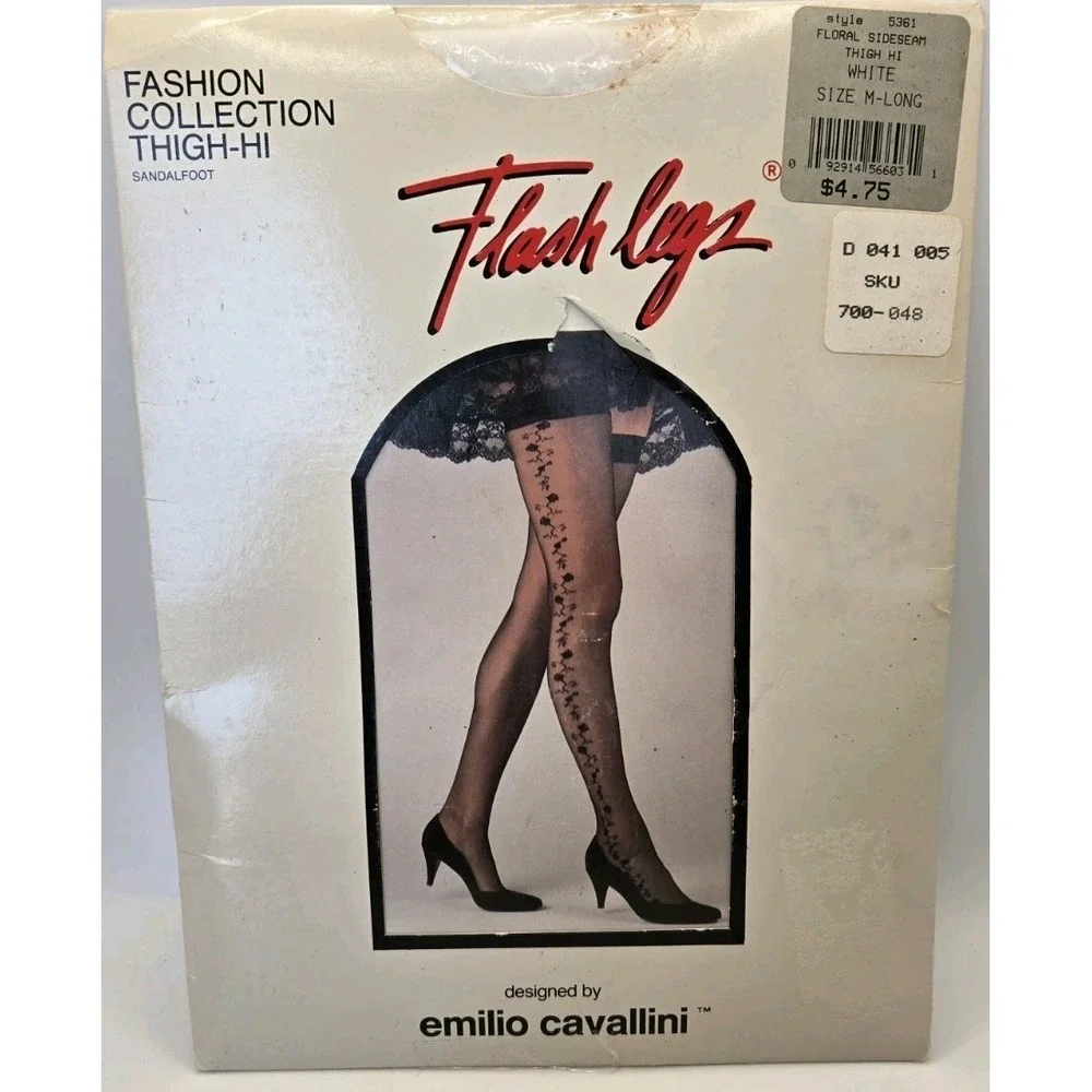 Vintage Emilio Cavallini Flash Legs White Floral Seam Thigh Hi Stockings M Long